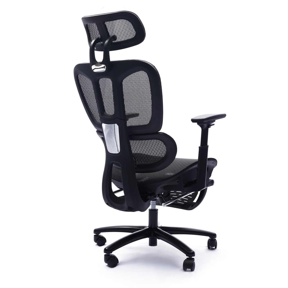 Rear three-quarter view of the Sealy Huxley black mesh office chair showing the back frame, headrest, armrests and folded footrest.