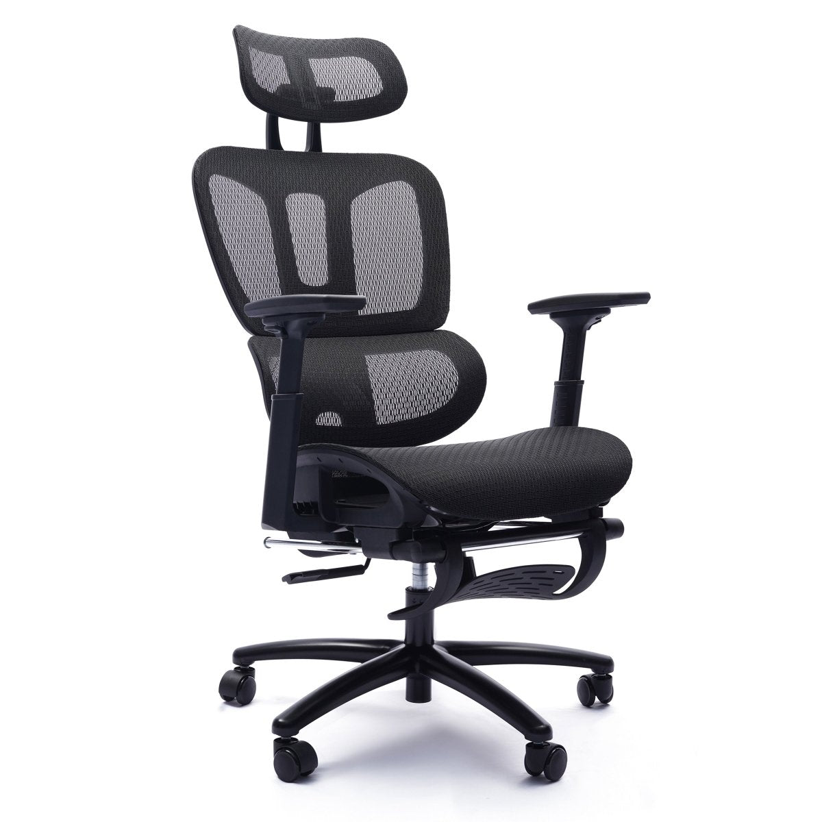 Front three-quarter view of the Sealy Huxley ergonomic black mesh office chair with a headrest, armrests and folded footrest.