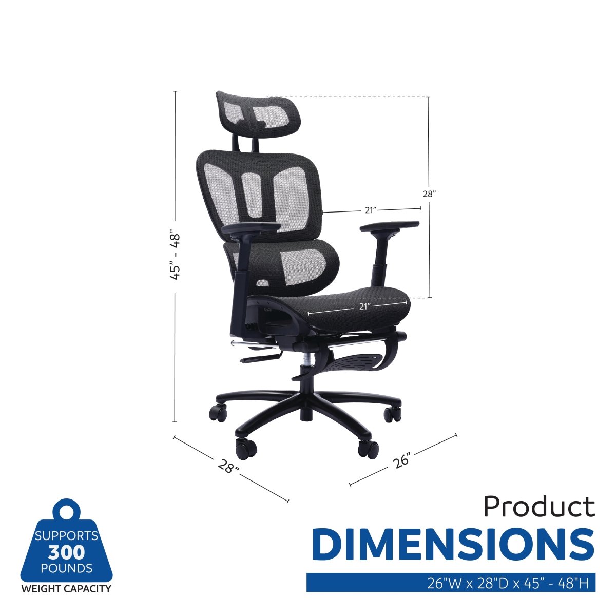 Sealy Huxley office chair dimension diagram showing 26-inch width, 28-inch depth and adjustable 45-to-48-inch height.