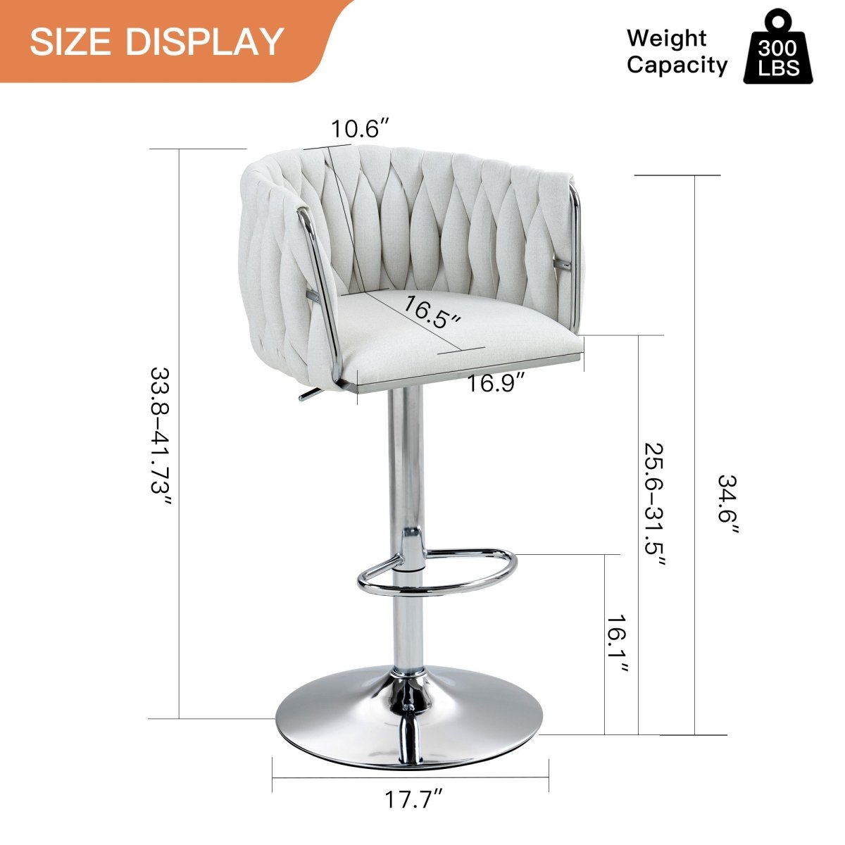 w2215p184992 - Dimension guide for beige adjustable swivel bar stool