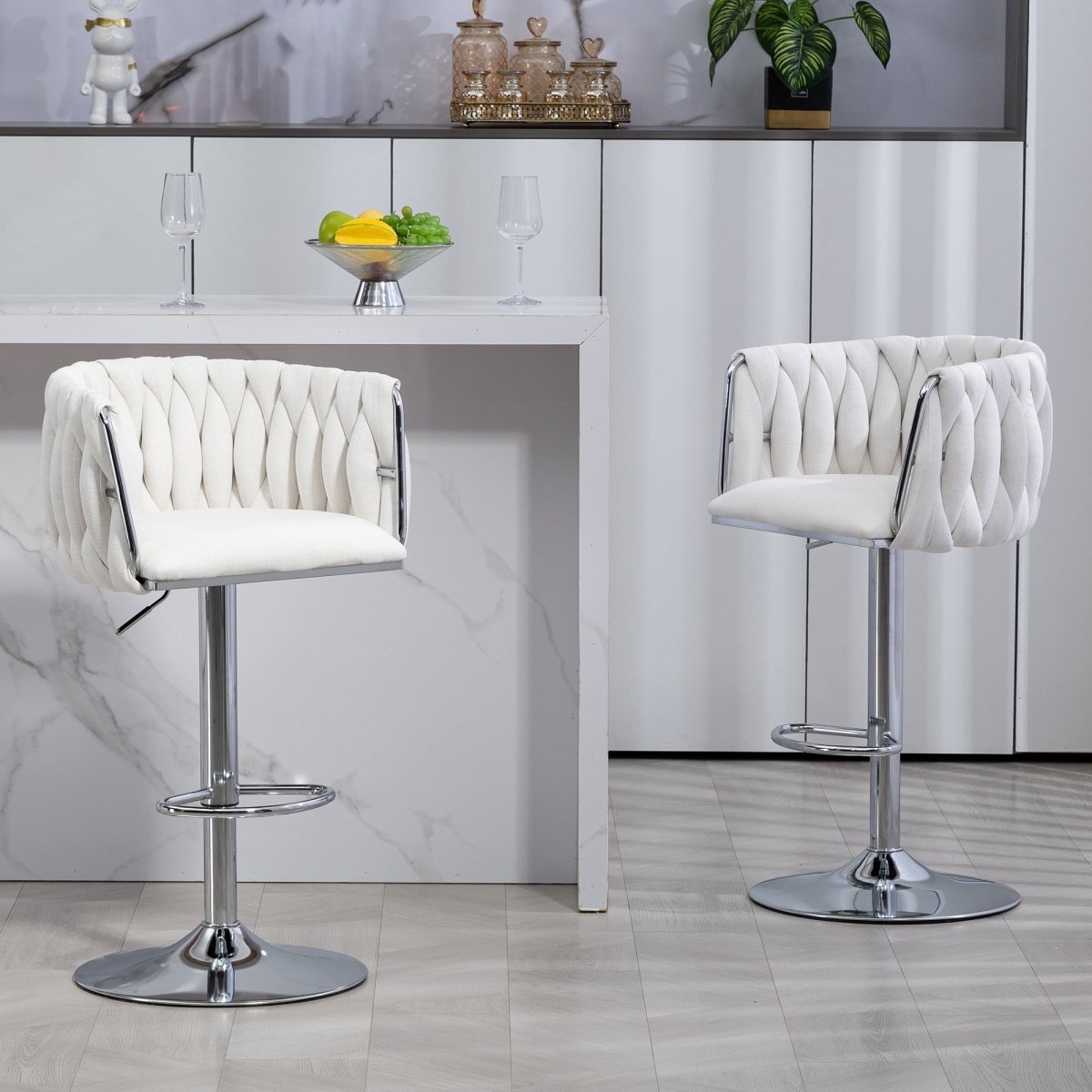 w2215p184992 - Pair of beige woven-back swivel bar stools in a bright home bar