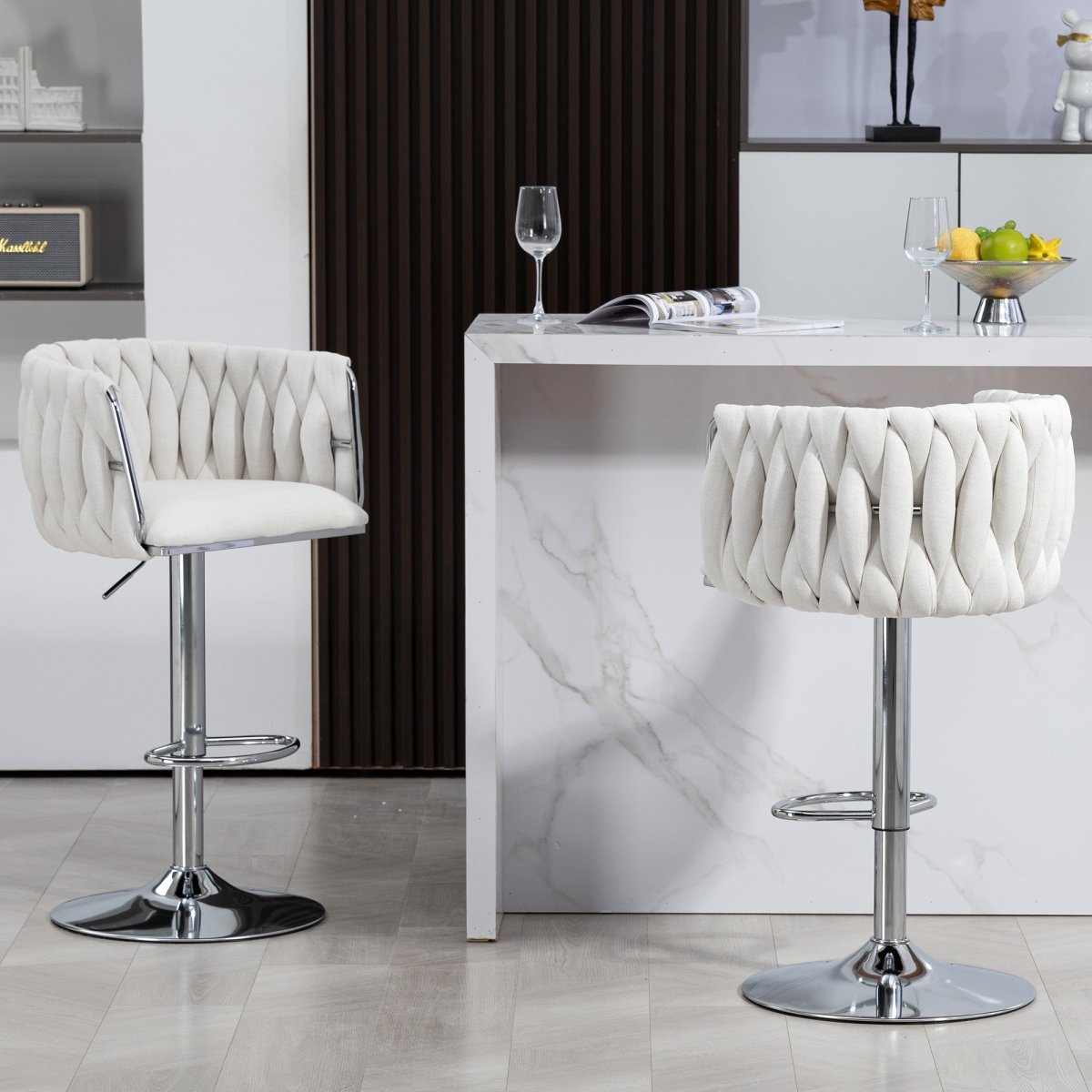 w2215p184992 - Two beige swivel bar stools shown from front and rear at a home bar
