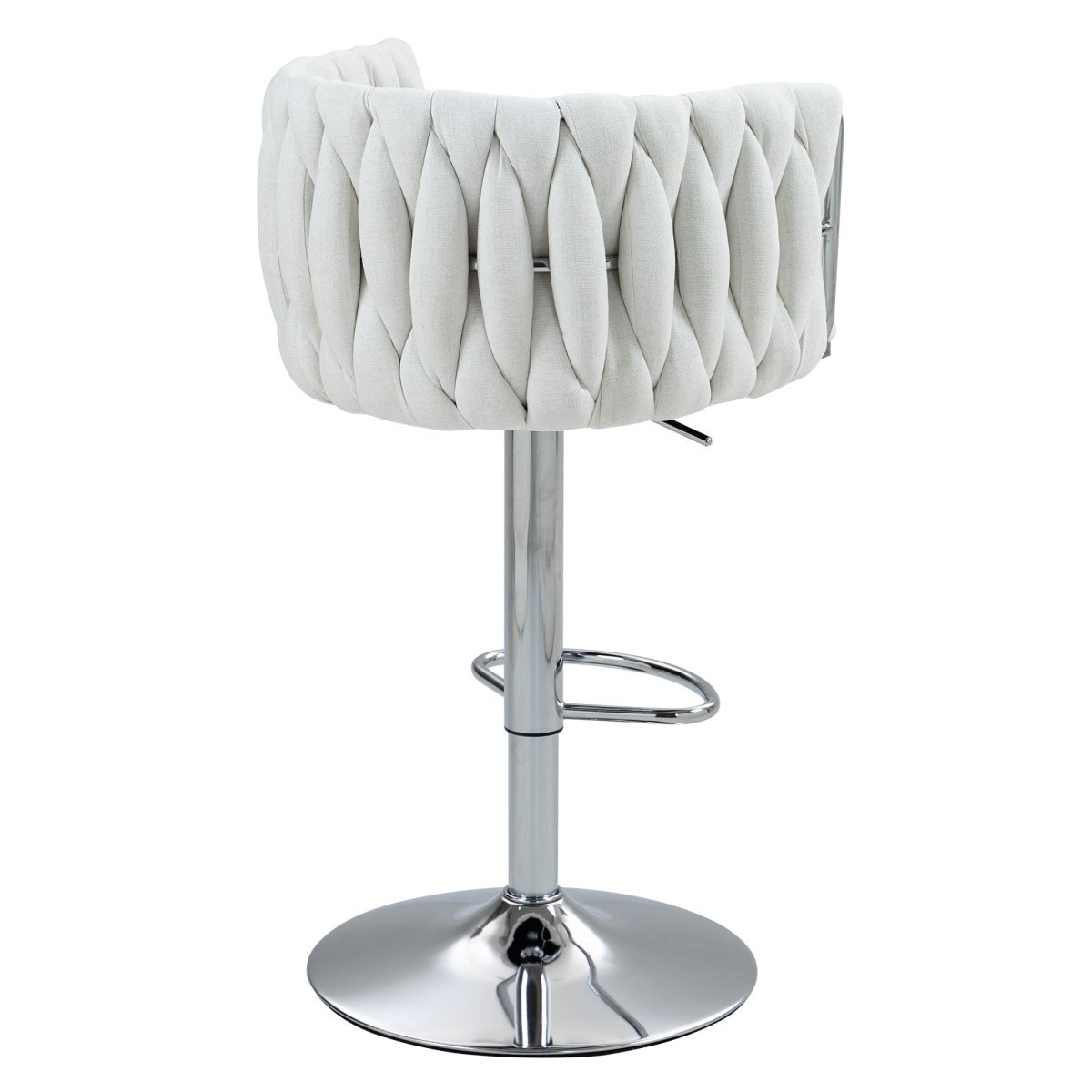w2215p184992 - Rear view of beige woven-back bar stool with silver pedestal base