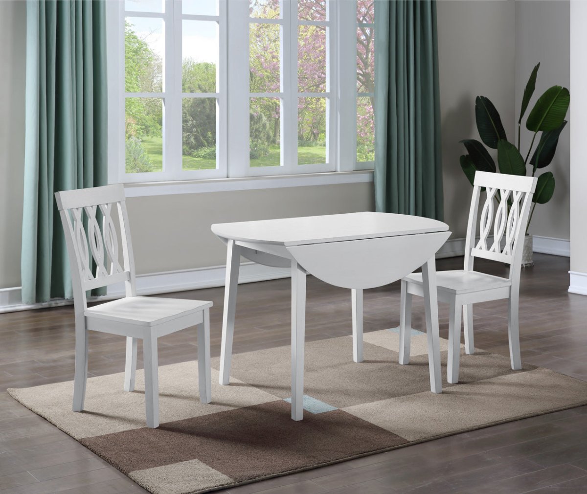 White drop-leaf dining table with two matching chairs and one visible leaf lowered