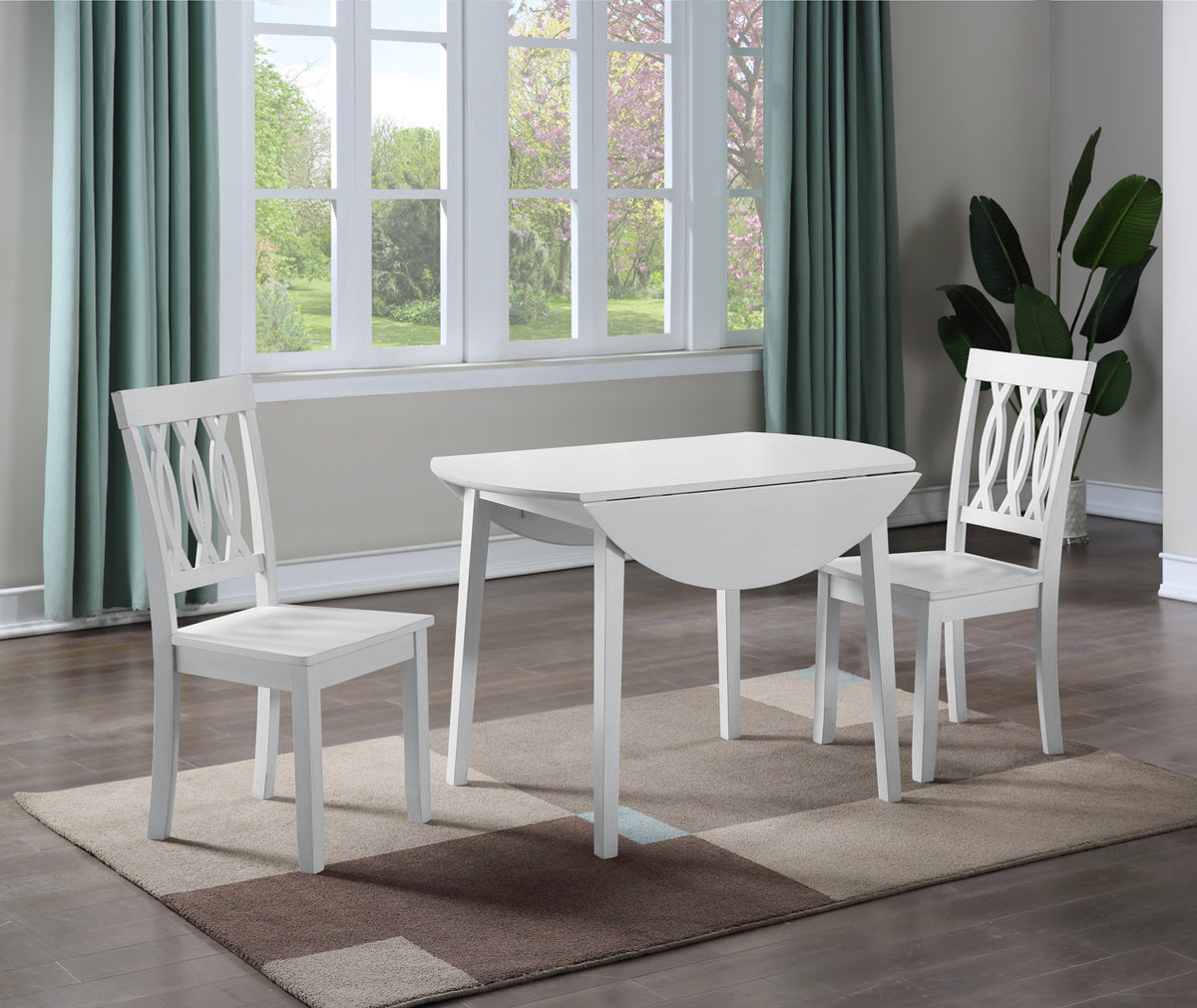 White drop-leaf dining table with two matching chairs and one visible leaf lowered